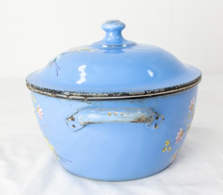 French Country Blue Soup Tureen With Floral Decoration in Enameled Iron, 1900s-RIU-1323200