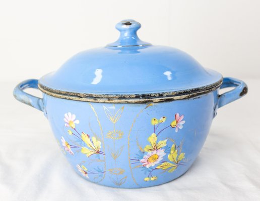 French Country Blue Soup Tureen With Floral Decoration in Enameled Iron, 1900s-RIU-1323200