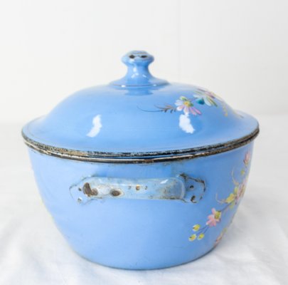 French Country Blue Soup Tureen With Floral Decoration in Enameled Iron, 1900s-RIU-1323200