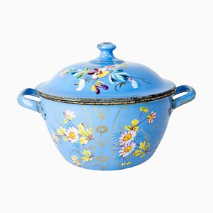 French Country Blue Soup Tureen With Floral Decoration in Enameled Iron, 1900s-RIU-1323200