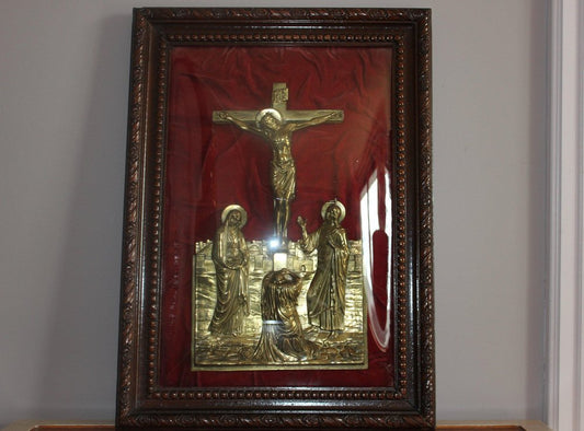 French Crucifix in Ornate Wooden Frame on Red Velvet with Convex Glass, 1950s