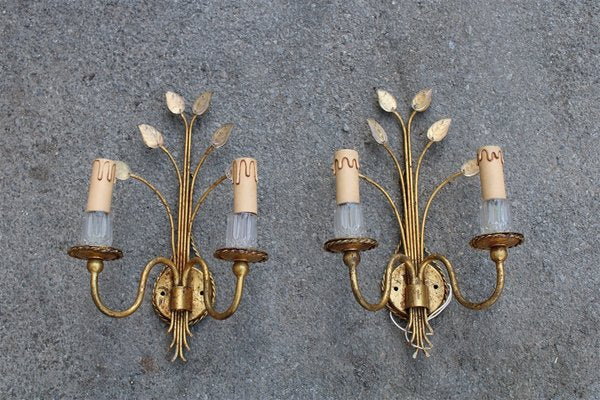 French Crystal and Gilt Metal Sconces, 1970s, Set of 2-EH-1058121