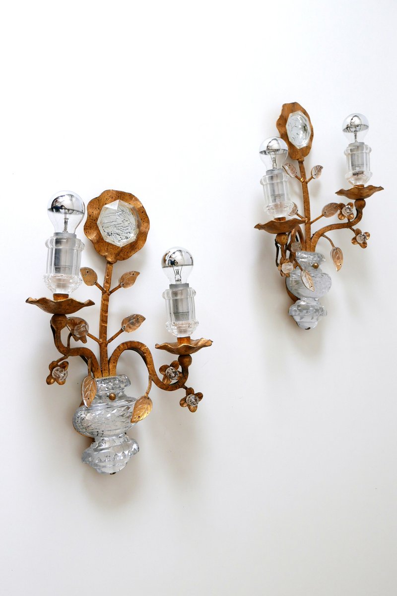 French Crystal and Gilt Metal Sconces from Maison Baguès, 1960s, Set of 2