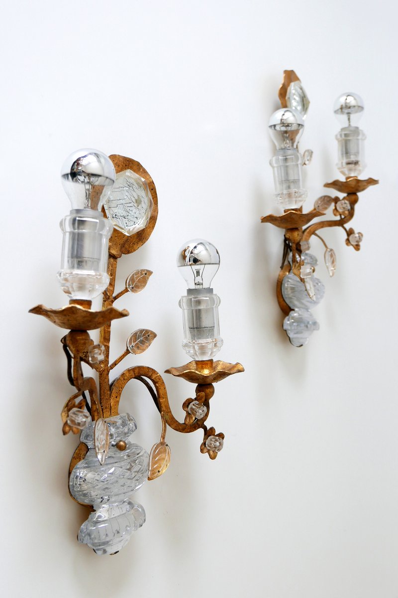 French Crystal and Gilt Metal Sconces from Maison Baguès, 1960s, Set of 2