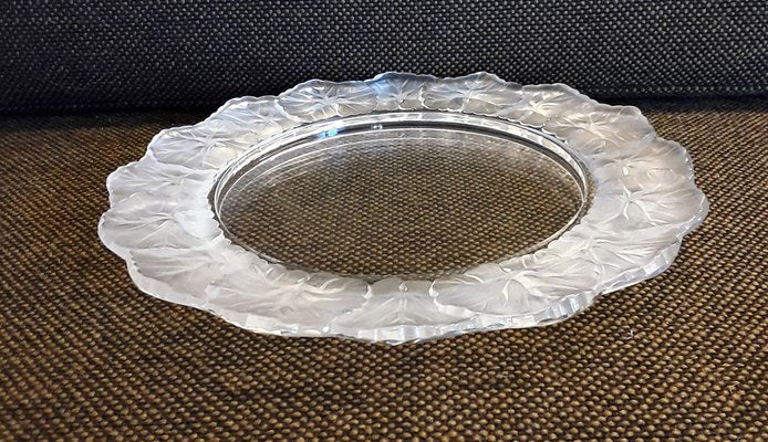 French Crystal Glass Plate with Frosted Flower Wreath and Polished Base from Lalique, 1970s-HOI-1235814