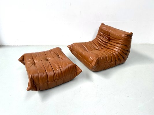 French Dark Cognac Togo Lounge Chair with Ottoman by Michel Ducaroy for Ligne Roset, 1970s, Set of 2-XLZ-1925893