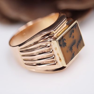 French Dendrite Agate 18 Karat Rose Gold Ladies Signet Ring, 1950s-OLU-1815859