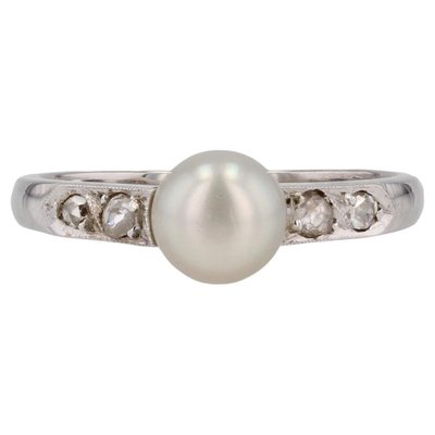 French Diamond Cultured Pearl 18 Karat White Gold Ring, 1950s-OLU-1704236