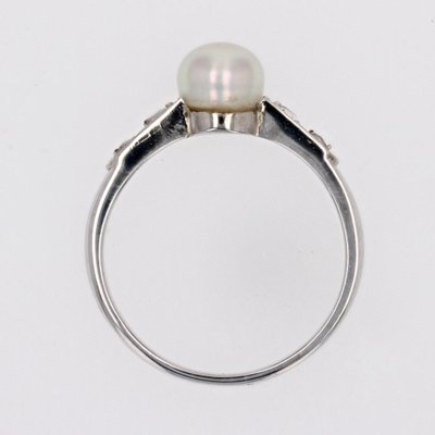 French Diamond Cultured Pearl 18 Karat White Gold Ring, 1950s-OLU-1704236