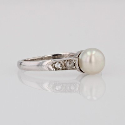 French Diamond Cultured Pearl 18 Karat White Gold Ring, 1950s-OLU-1704236