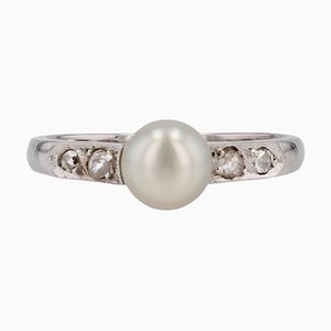 French Diamond Cultured Pearl 18 Karat White Gold Ring, 1950s-OLU-1704236