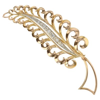 French Diamonds 18 Karat Yellow White Gold Leaf Brooch, 1960s-OLU-1326818