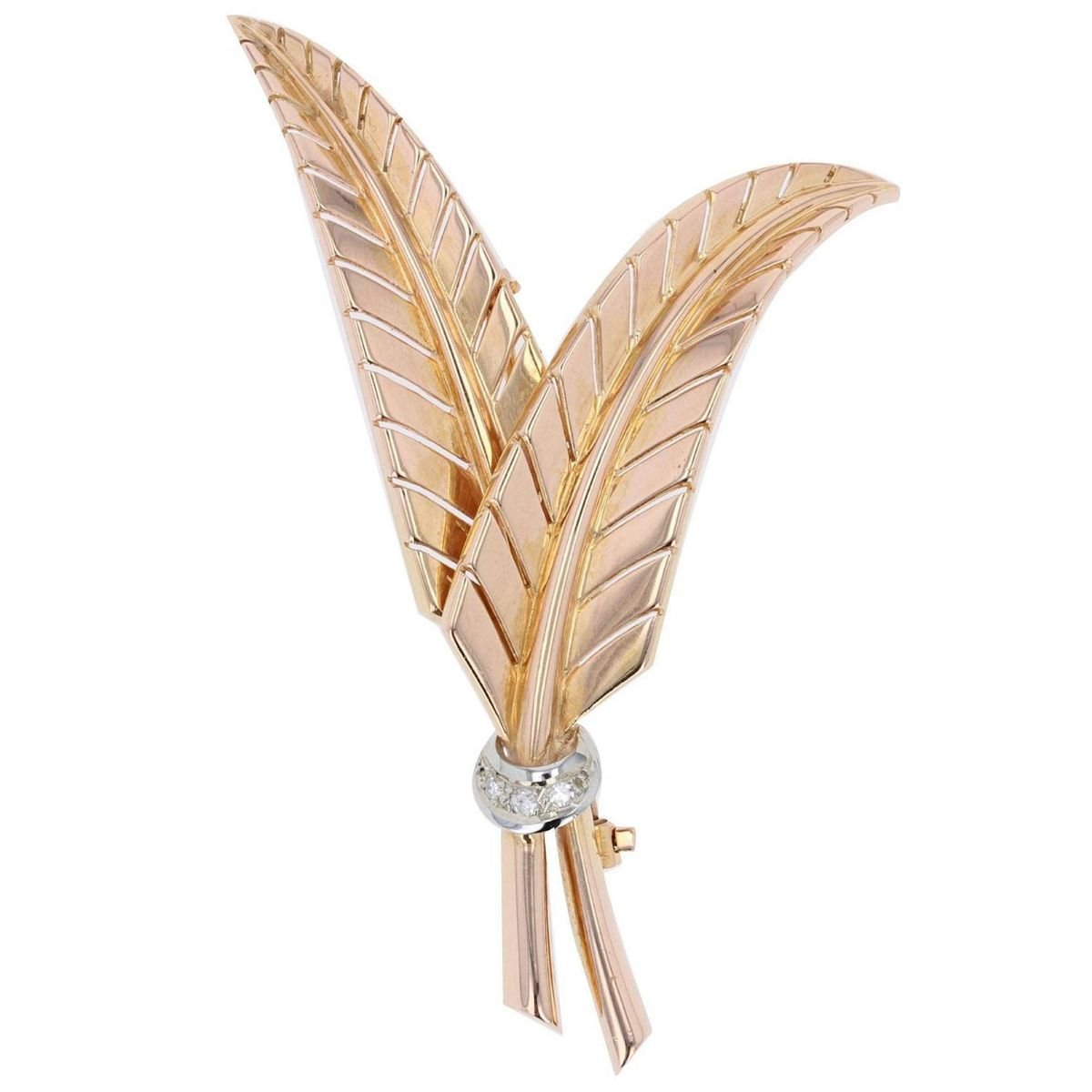 French Diamonds and 18 Karat Yellow Gold Fern Leaves Brooch, 1950s