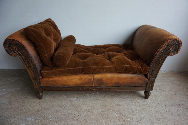 French Distressed Leather Adjustable Loveseat or Daybed, 1900s-EA-1363499