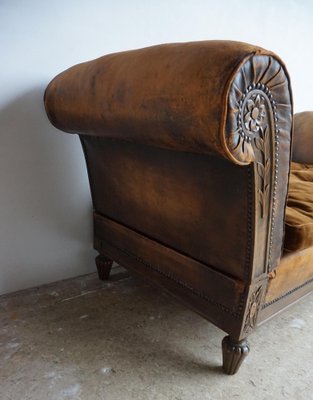 French Distressed Leather Adjustable Loveseat or Daybed, 1900s-EA-1363499