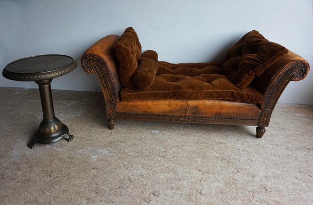 French Distressed Leather Adjustable Loveseat or Daybed, 1900s-EA-1363499