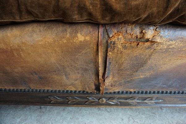 French Distressed Leather Adjustable Loveseat or Daybed, 1900s-EA-1363499