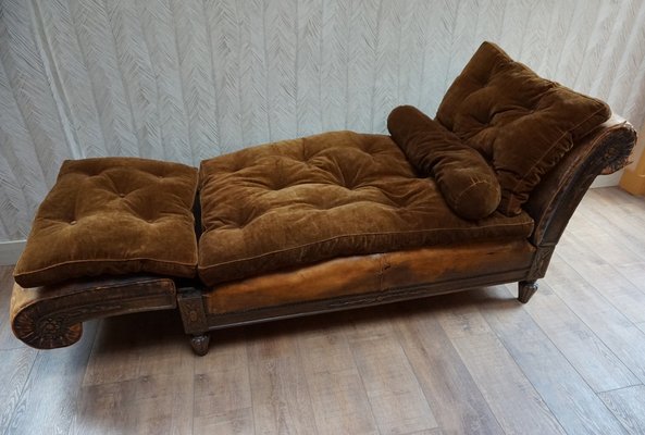 French Distressed Leather Adjustable Loveseat or Daybed, 1900s-EA-1363499