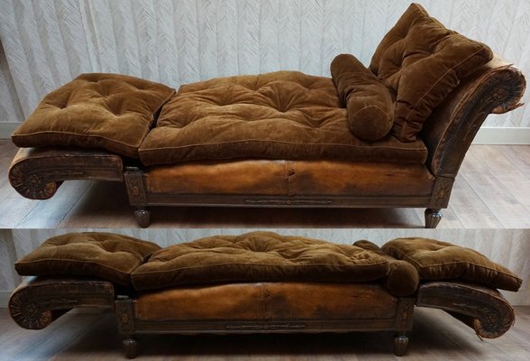 French Distressed Leather Adjustable Loveseat or Daybed, 1900s-EA-1363499