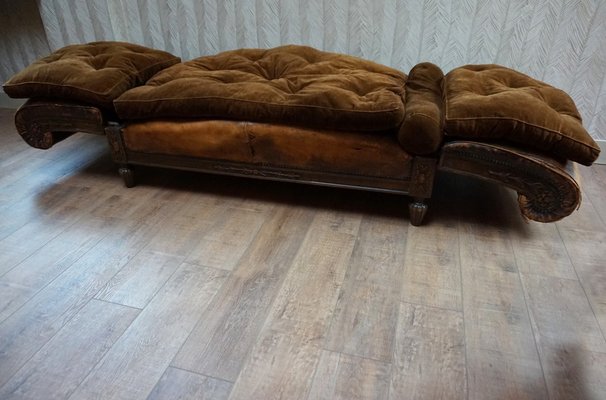 French Distressed Leather Adjustable Loveseat or Daybed, 1900s-EA-1363499