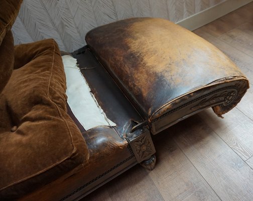 French Distressed Leather Adjustable Loveseat or Daybed, 1900s-EA-1363499