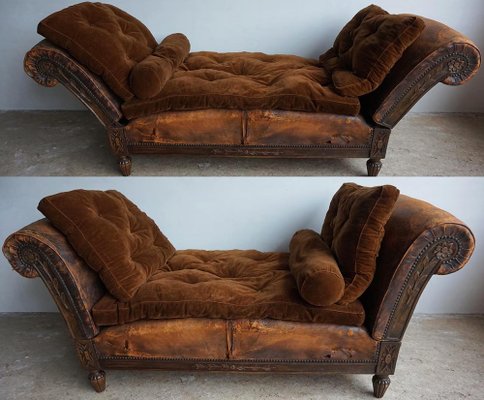 French Distressed Leather Adjustable Loveseat or Daybed, 1900s-EA-1363499