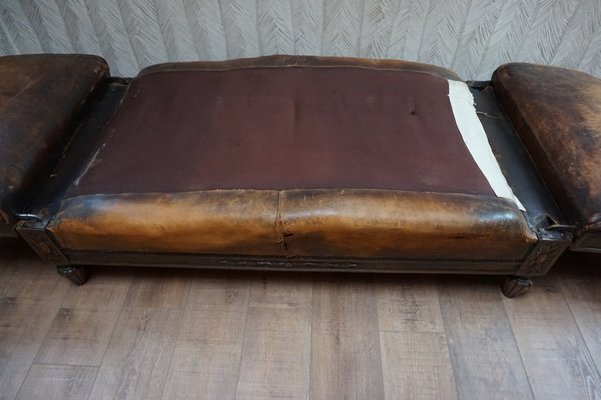 French Distressed Leather Adjustable Loveseat or Daybed, 1900s-EA-1363499