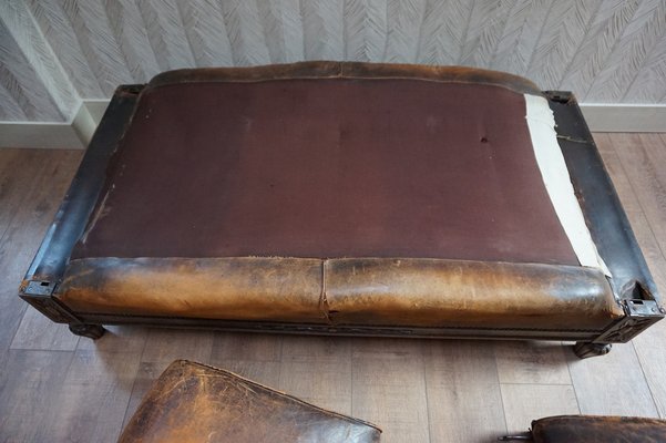 French Distressed Leather Adjustable Loveseat or Daybed, 1900s-EA-1363499