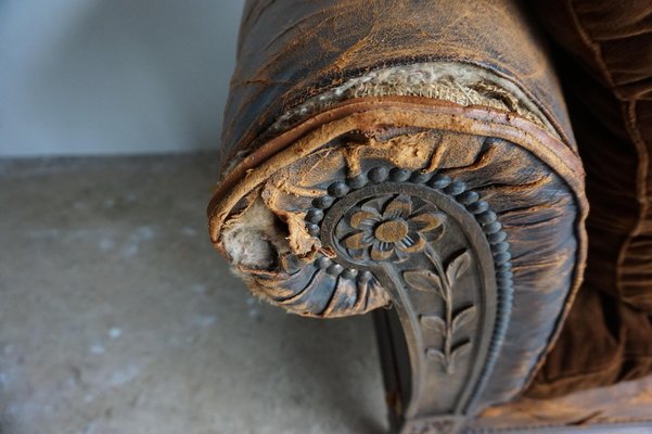 French Distressed Leather Adjustable Loveseat or Daybed, 1900s-EA-1363499