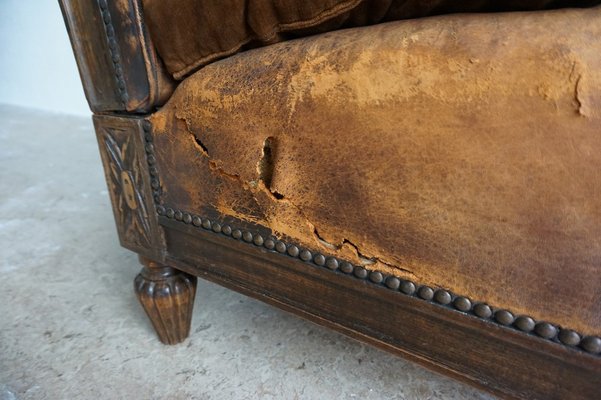 French Distressed Leather Adjustable Loveseat or Daybed, 1900s-EA-1363499