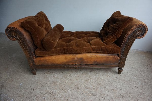 French Distressed Leather Adjustable Loveseat or Daybed, 1900s-EA-1363499