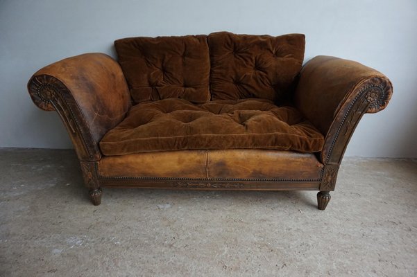 French Distressed Leather Adjustable Loveseat or Daybed, 1900s-EA-1363499