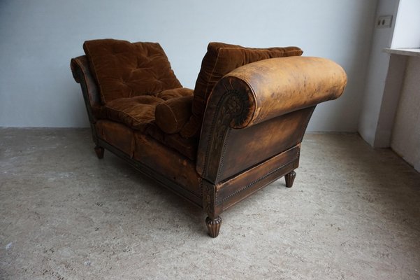 French Distressed Leather Adjustable Loveseat or Daybed, 1900s-EA-1363499