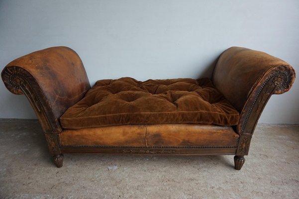 French Distressed Leather Adjustable Loveseat or Daybed, 1900s-EA-1363499