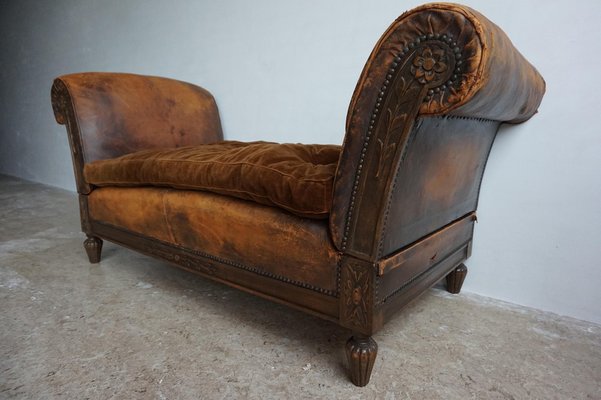 French Distressed Leather Adjustable Loveseat or Daybed, 1900s-EA-1363499