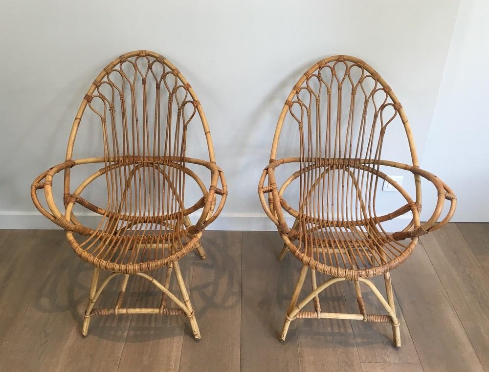 French Egg-Shaped Rattan Armchairs, 1950s, Set of 2