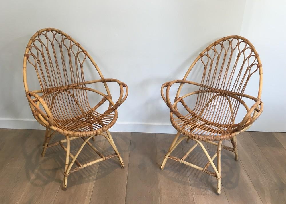 French Egg-Shaped Rattan Armchairs, 1950s, Set of 2