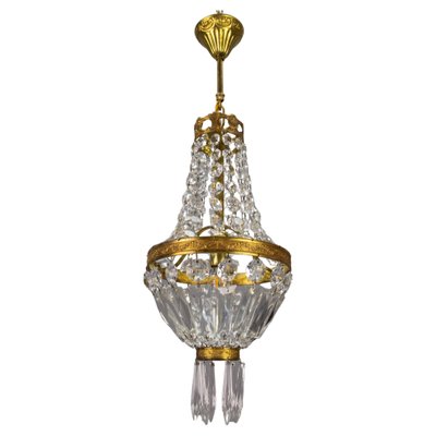 French Empire Style Brass and Crystal Glass Basket Chandelier, 1950s-KEG-1746696