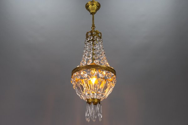 French Empire Style Brass and Crystal Glass Basket Chandelier, 1950s-KEG-1746696