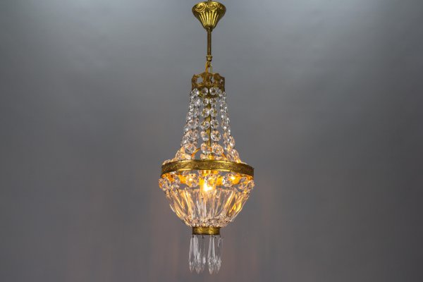 French Empire Style Brass and Crystal Glass Basket Chandelier, 1950s-KEG-1746696