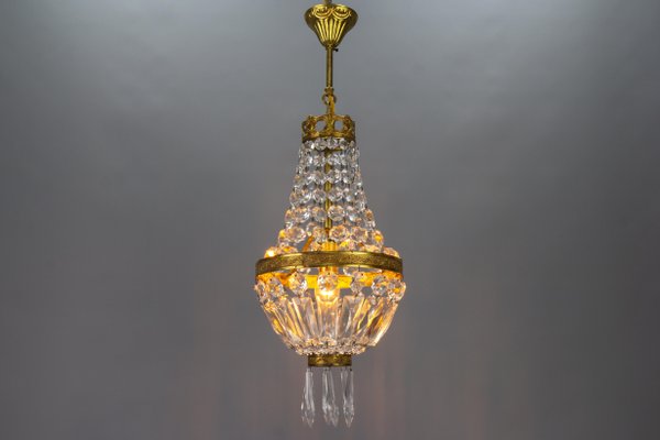 French Empire Style Brass and Crystal Glass Basket Chandelier, 1950s-KEG-1746696