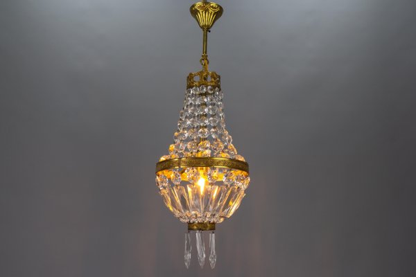 French Empire Style Brass and Crystal Glass Basket Chandelier, 1950s-KEG-1746696