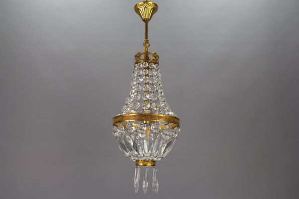 French Empire Style Brass and Crystal Glass Basket Chandelier, 1950s-KEG-1746696