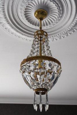 French Empire Style Brass and Crystal Glass Basket Chandelier, 1950s-KEG-1746696