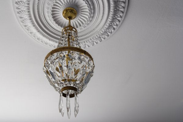 French Empire Style Brass and Crystal Glass Basket Chandelier, 1950s-KEG-1746696