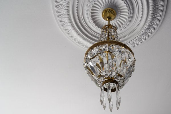 French Empire Style Brass and Crystal Glass Basket Chandelier, 1950s-KEG-1746696