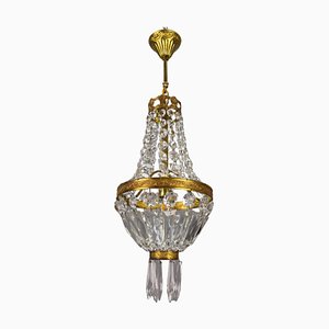 French Empire Style Brass and Crystal Glass Basket Chandelier, 1950s-KEG-1746696