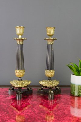 French Empire Style Bronze and Brass Candlesticks on Tripod Base, Set of 2-KEG-784735