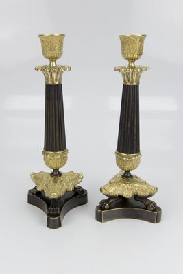 French Empire Style Bronze and Brass Candlesticks on Tripod Base, Set of 2-KEG-784735