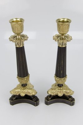 French Empire Style Bronze and Brass Candlesticks on Tripod Base, Set of 2-KEG-784735